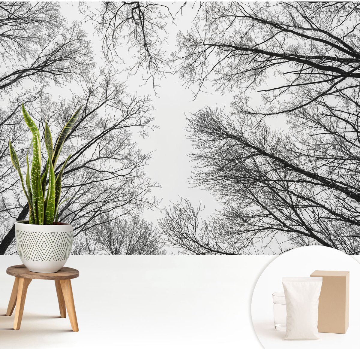 Wallfluent Fotobehang - Zwart-Wit Vliesbehang - 208x146 cm - Kale Takken Muurschildering - Slaapkamer behang Landschappen - Fotobehang Vlies - Slaapkamer behang
