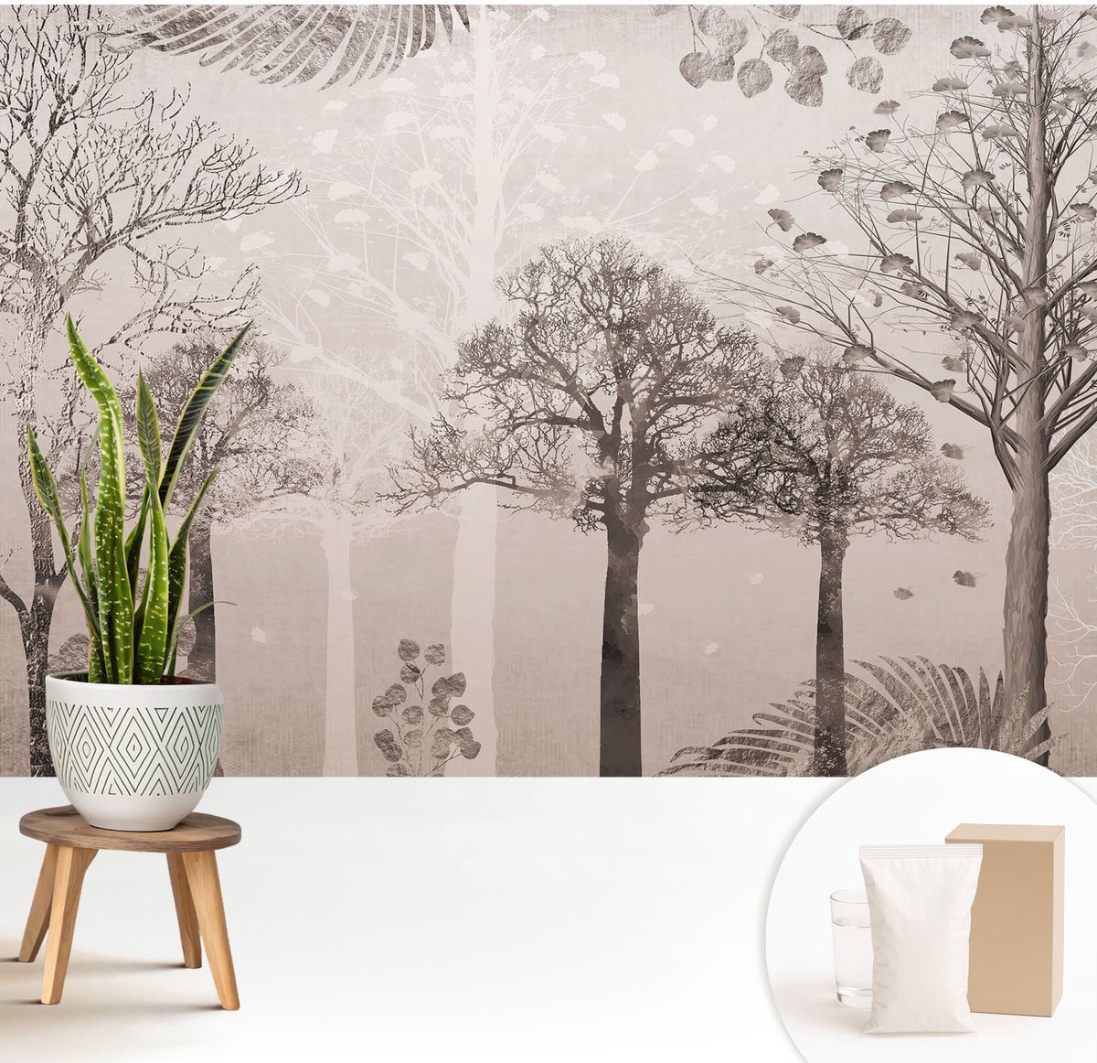 Wallfluent Fotobehang - Beige Vliesbehang - 208x146 cm - Kwetsbare Bomen Muurschildering - Gang behang Bloemen En Planten - Fotobehang Vlies - Gang behang
