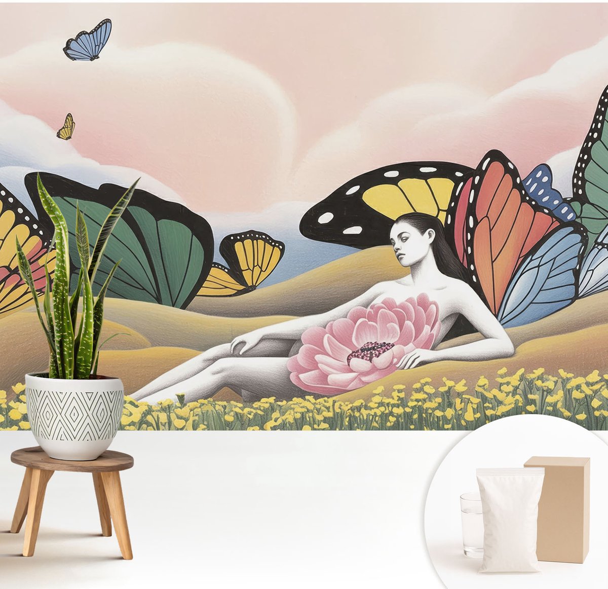 Wallfluent Fotobehang - Wit Vliesbehang - 208x146 cm - Vlinderweide Muurschildering - Slaapkamer behang Deel - Fotobehang Vlies - Slaapkamer behang