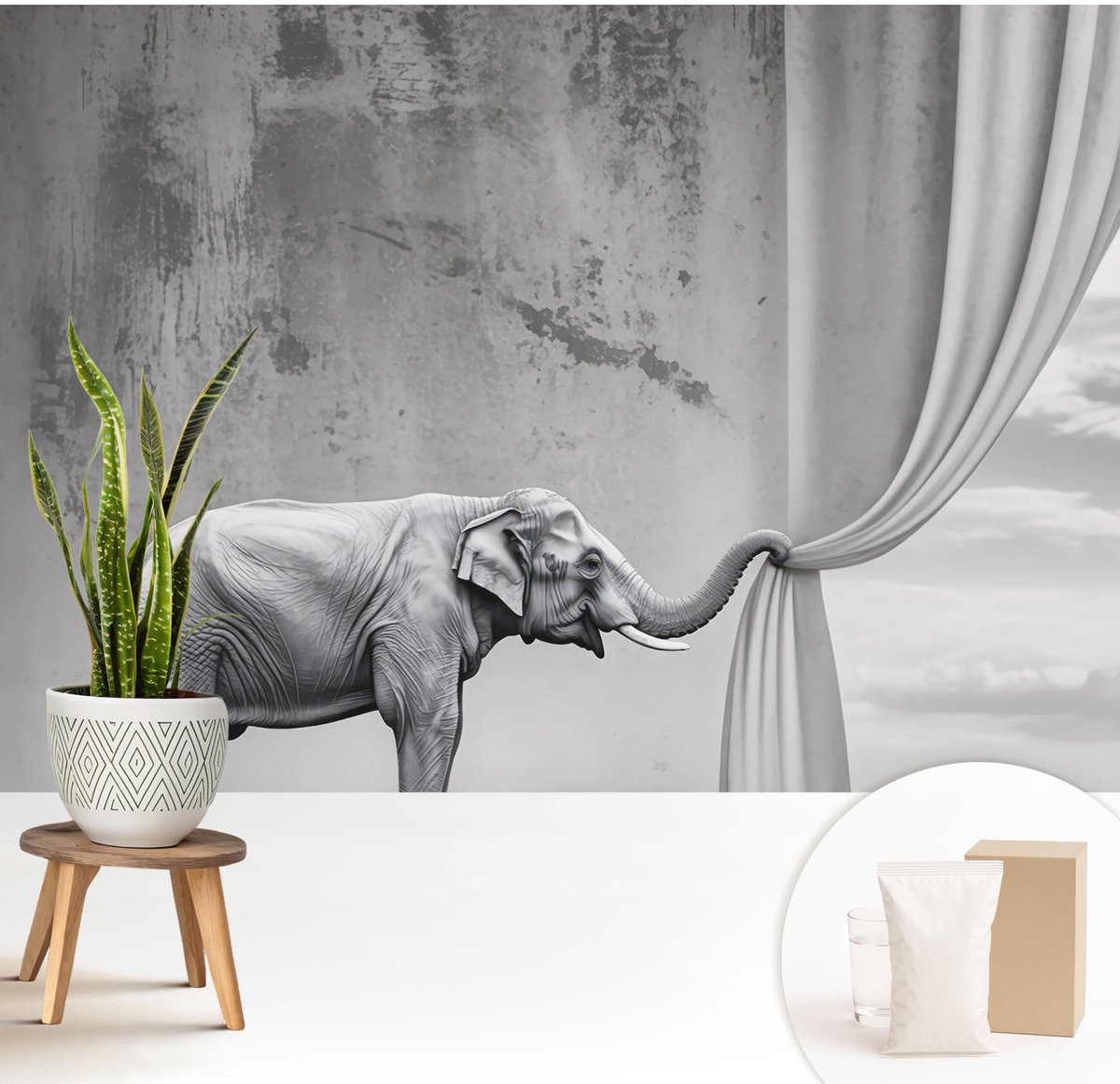 Wallfluent Fotobehang - Grijs Vliesbehang - 208x146 cm - Surrealistische Olifant Fotobehang Vlies - Hal behang Deel - Muurschildering - Woonkamer behang