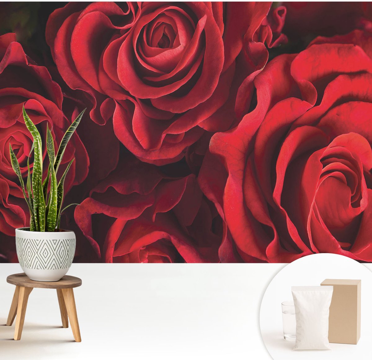 Wallfluent Fotobehang - Rood Vliesbehang - 208x146 cm - Rode Rozen Muurschildering - Gang behang Bloemen En Planten - Fotobehang Vlies - Gang behang