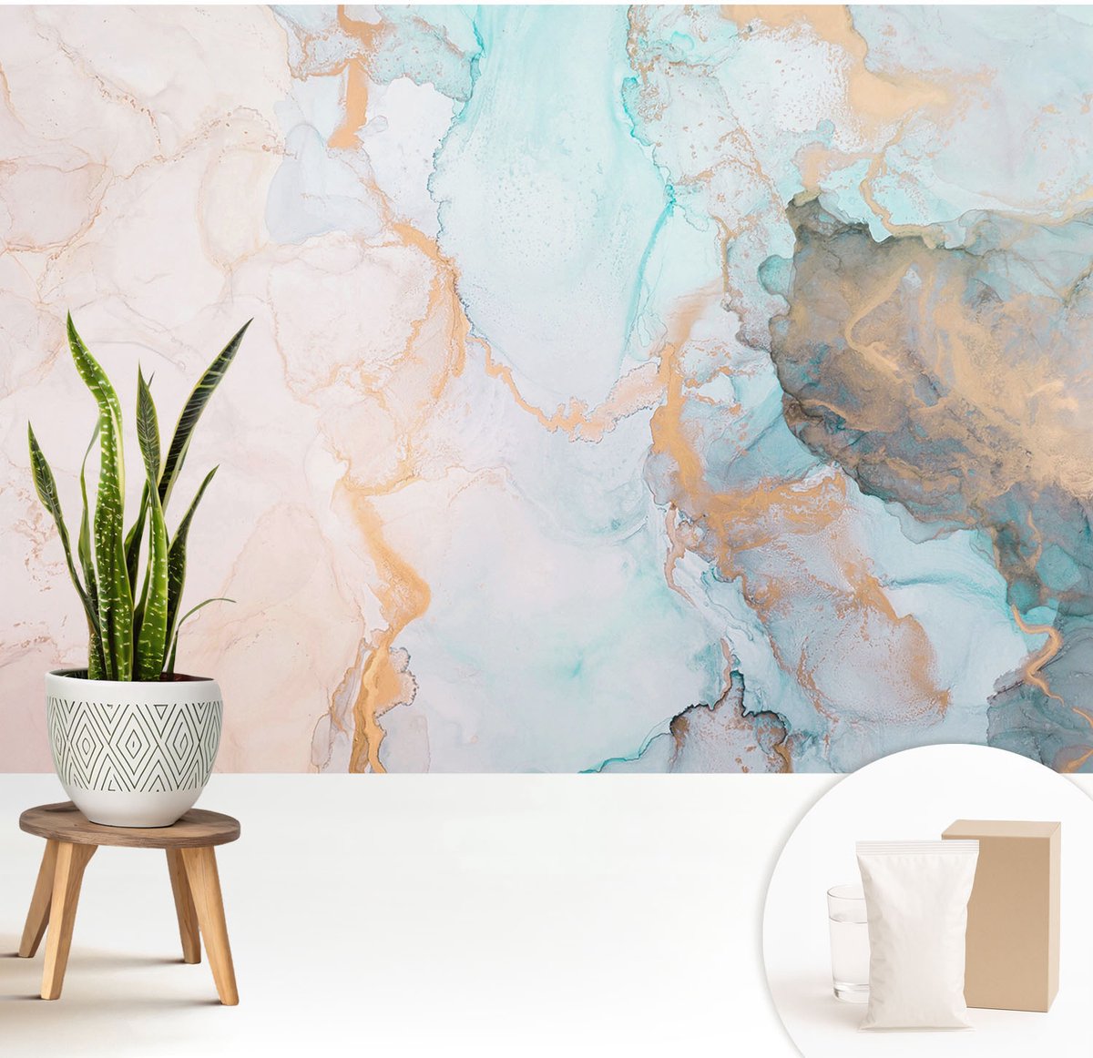 Wallfluent Fotobehang - Wit Vliesbehang - 208x146 cm - Aquarel Golven Fotobehang Vlies - Woonkamer behang Deel - Muurschildering - Woonkamer behang