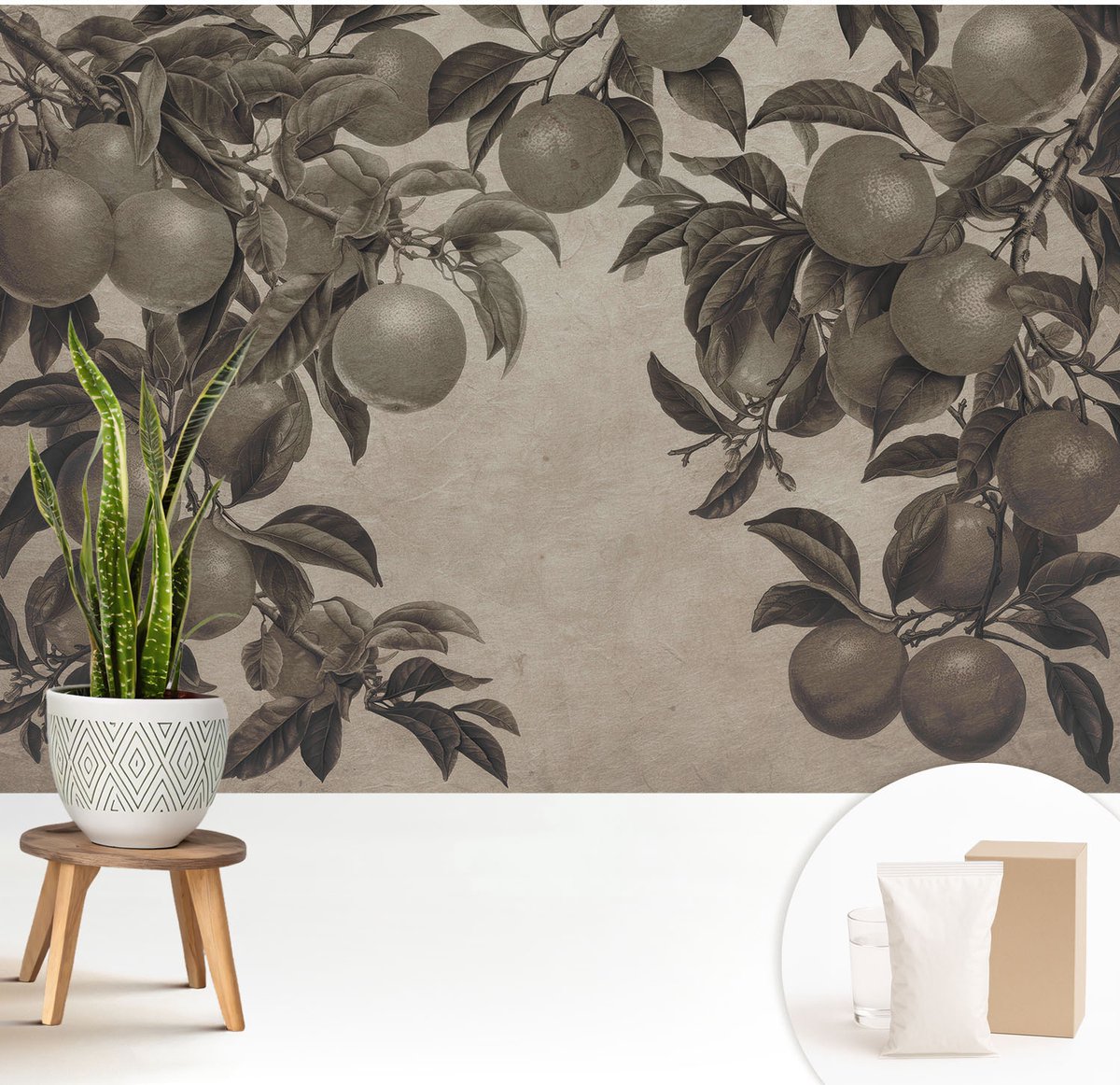 Wallfluent Fotobehang - Grijs Vliesbehang - 208x146 cm - Vruchtpatroon Muurschildering - Slaapkamer behang Bloemen En Planten - Fotobehang Vlies - Gang behang
