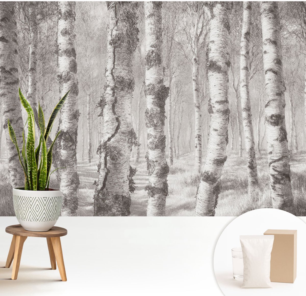 Wallfluent Fotobehang - Grijs Vliesbehang - 208x146 cm - Berkenbos Fotobehang Vlies - Woonkamer behang Landschappen - Muurschildering - Woonkamer behang