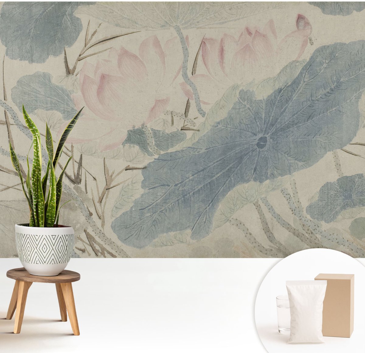 Wallfluent Fotobehang - Grijs Vliesbehang - 208x146 cm - Lotusbladeren Muurschildering - Gang behang Bloemen En Planten - Fotobehang Vlies - Slaapkamer behang