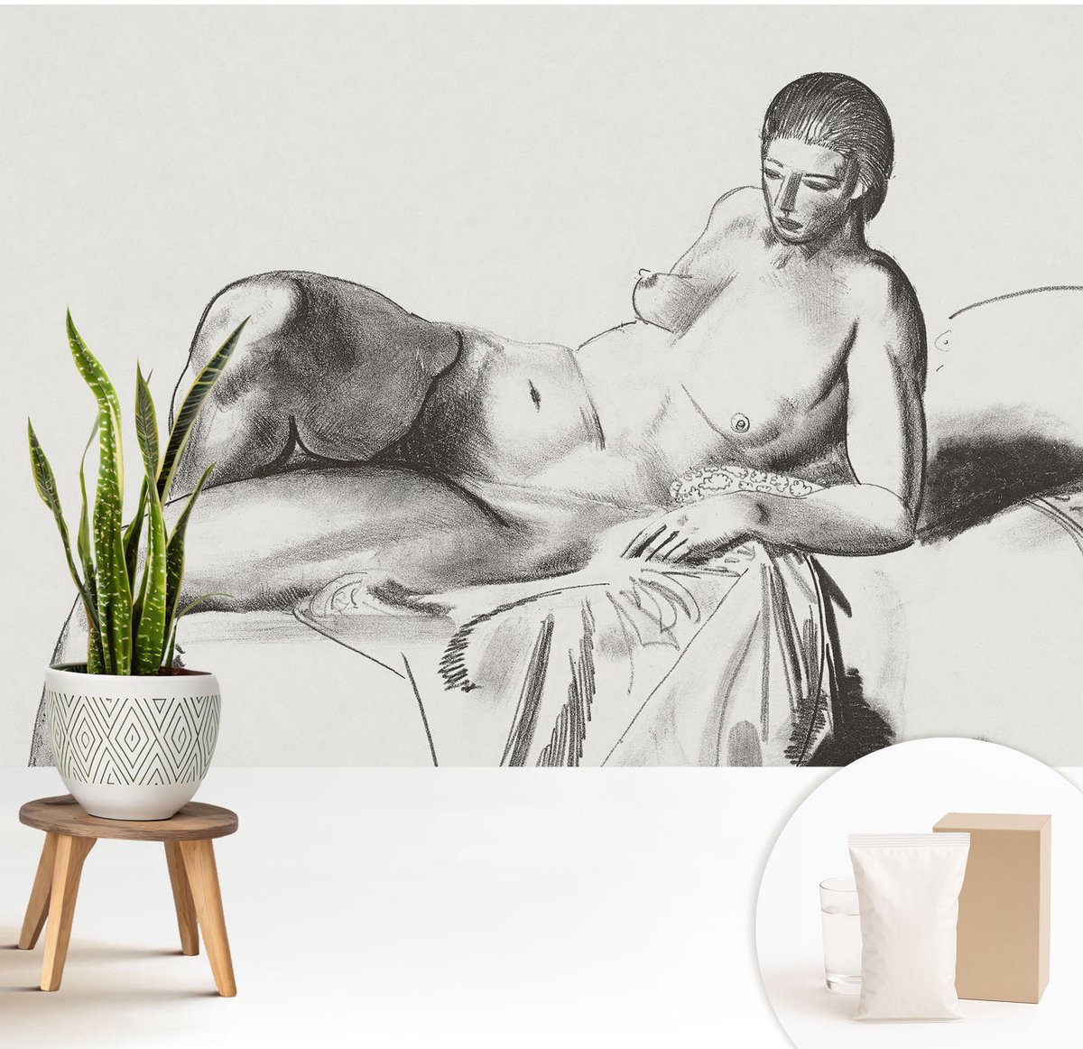 Wallfluent Fotobehang - Wit Vliesbehang - 208x146 cm - Artistiek Naakt Fotobehang Vlies - Woonkamer behang Deel - Muurschildering - Woonkamer behang
