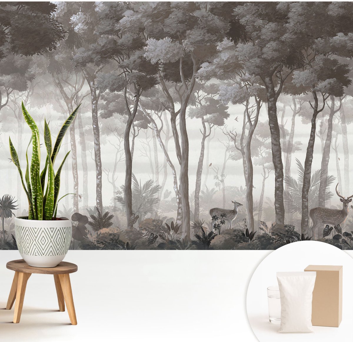 Wallfluent Fotobehang - Grijs Vliesbehang - 208x146 cm - Bosmagie Muurschildering - Slaapkamer behang Bloemen En Planten - Fotobehang Vlies - Slaapkamer behang