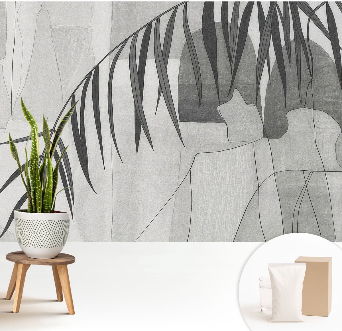 Wallfluent Fotobehang - Wit Vliesbehang - 208x146 cm - Abstracte Palmboom Fotobehang Vlies - Woonkamer behang Abstractie - Muurschildering - Hal behang