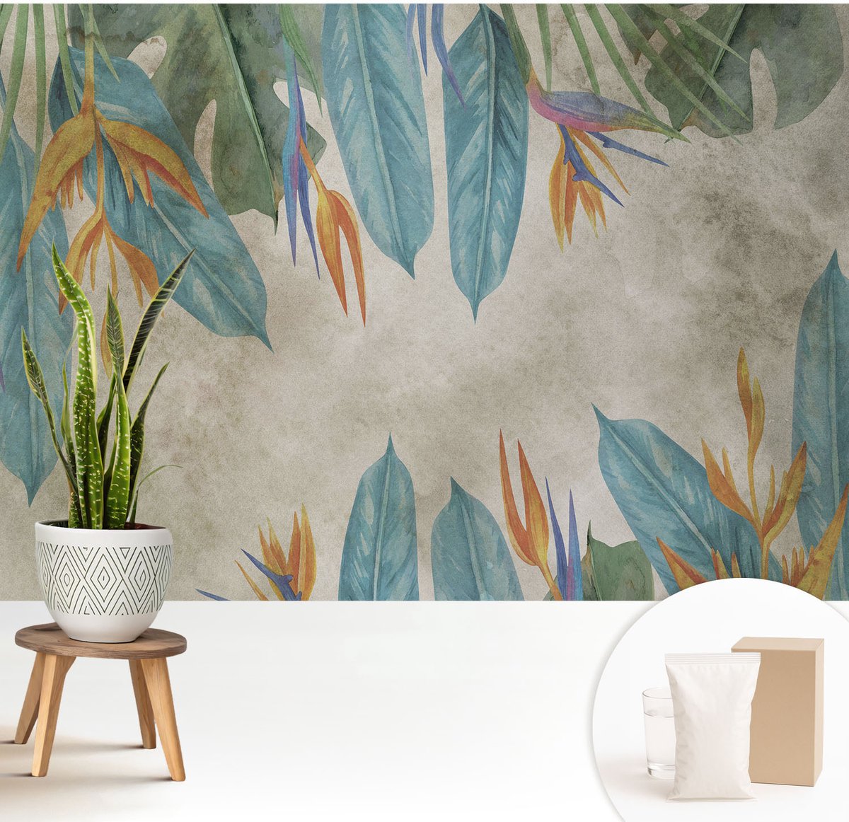Wallfluent Fotobehang - Blauw Vliesbehang - 208x146 cm - Tropische Bloemen Fotobehang Vlies - Woonkamer behang Bloemen En Planten - Muurschildering - Woonkamer behang