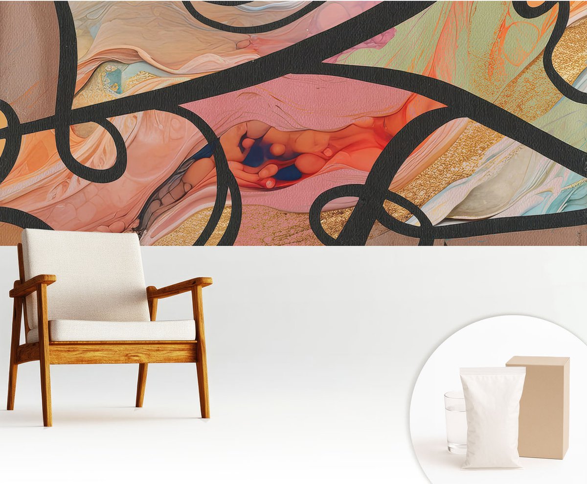 Wallfluent Fotobehang - Oranje Vliesbehang - 250x104 cm - Kleurrijke Beweging Fotobehang Vlies - Woonkamer behang Abstractie - Muurschildering - Hal behang