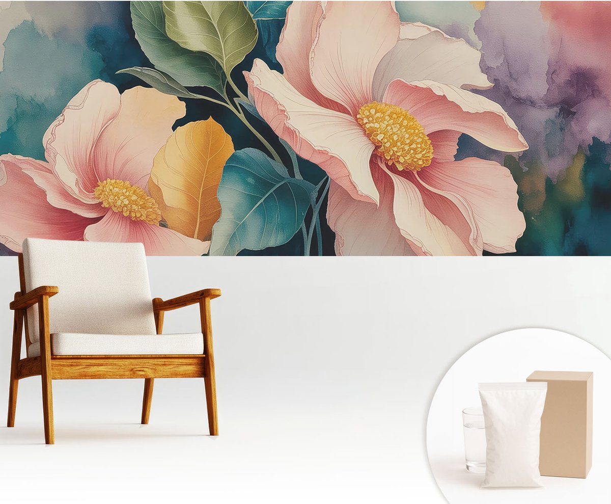 Wallfluent Fotobehang - Roze Vliesbehang - 250x104 cm - Bloemige Elegantie Muurschildering - Slaapkamer behang Bloemen En Planten - Fotobehang Vlies - Gang behang