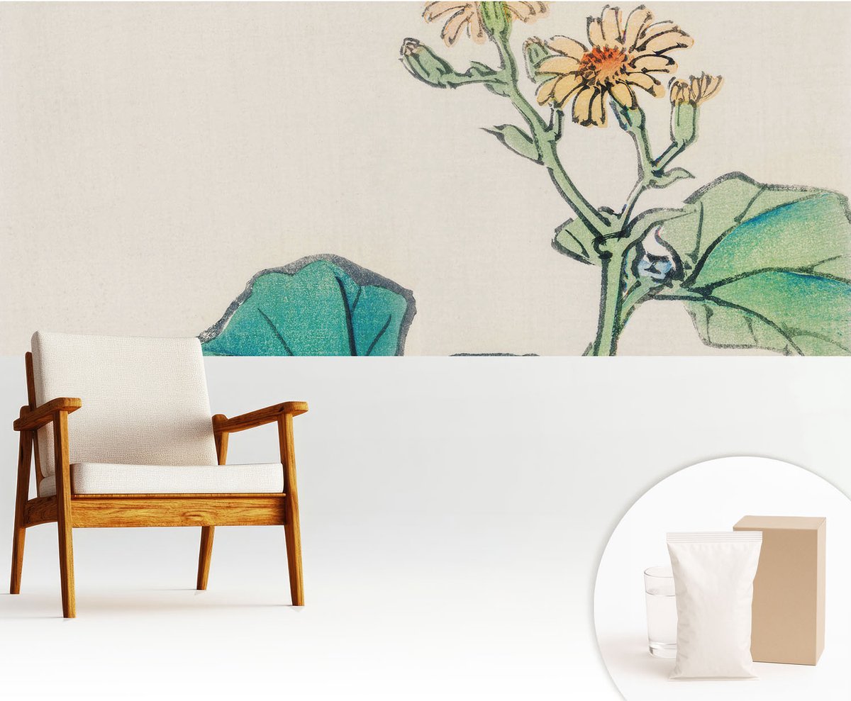 Wallfluent Fotobehang - Wit Vliesbehang - 250x104 cm - Bloem En Bladeren Fotobehang Vlies - Woonkamer behang Bloemen En Planten - Muurschildering - Woonkamer behang