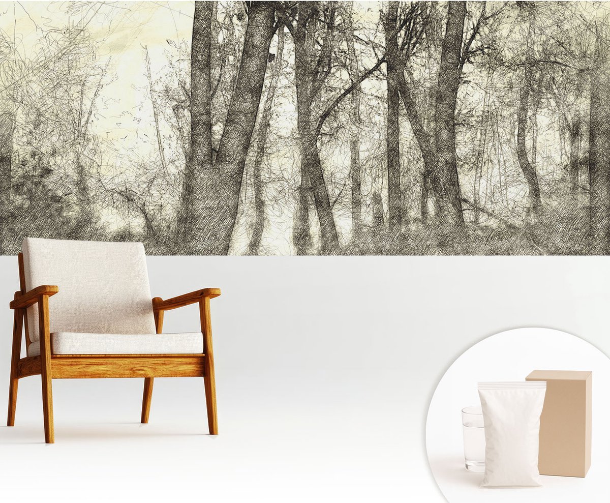 Wallfluent Fotobehang - Zwart-Wit Vliesbehang - 250x104 cm - Bosmelancholie Muurschildering - Gang behang Landschappen - Fotobehang Vlies - Slaapkamer behang