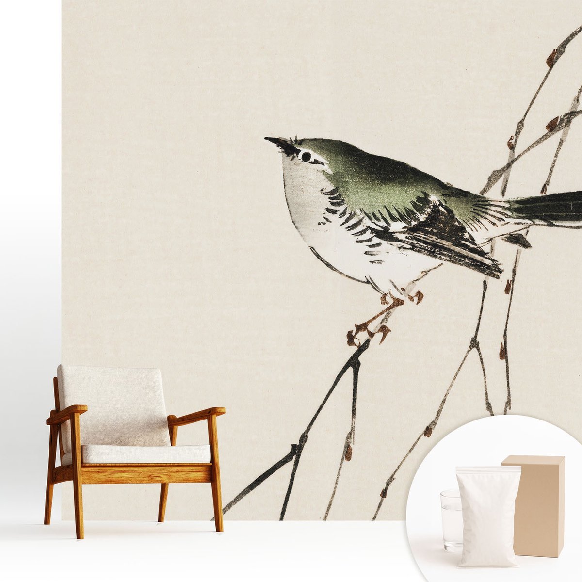 Wallfluent Fotobehang - Wit Vliesbehang - 250x250 cm - Harmonieuze Vogel Fotobehang Vlies - Woonkamer behang Dieren - Muurschildering - Hal behang