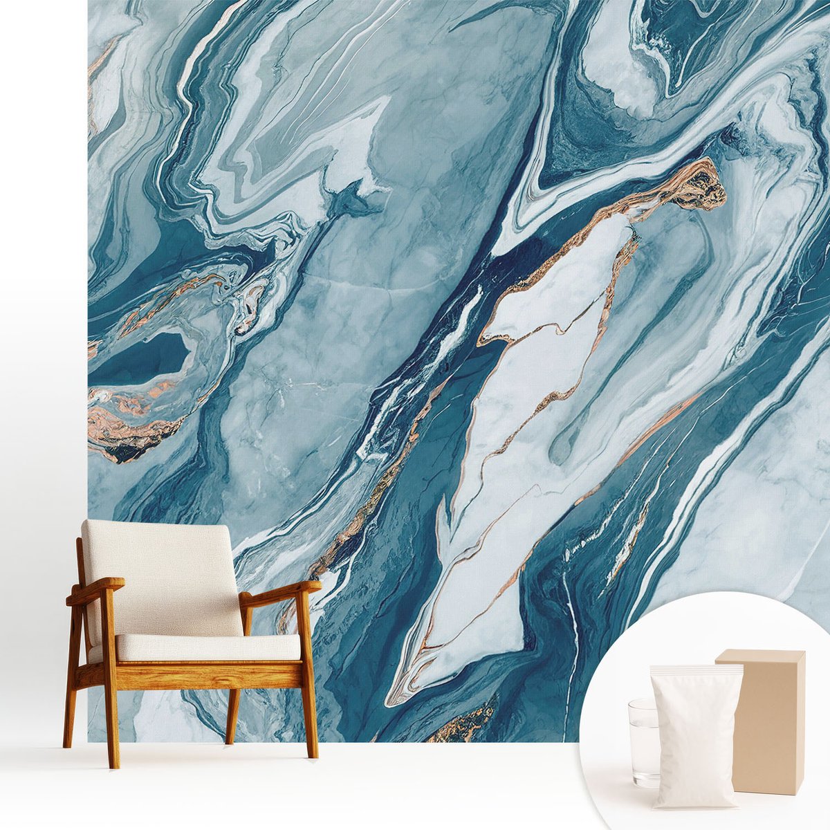 Wallfluent Fotobehang - Blauw Vliesbehang - 250x250 cm - Minerale Elegantie Fotobehang Vlies - Woonkamer behang Abstractie - Muurschildering - Woonkamer behang