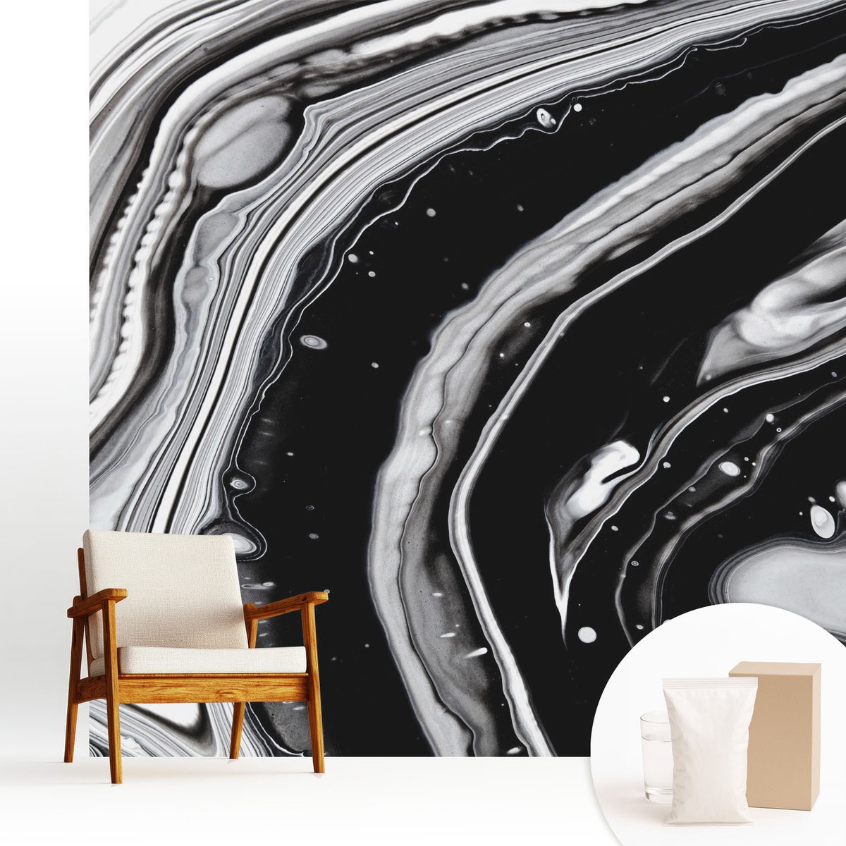 Wallfluent Fotobehang - Zwart-Wit Vliesbehang - 250x250 cm - Monochromatische Golven Muurschildering - Gang behang Abstractie - Fotobehang Vlies - Slaapkamer behang