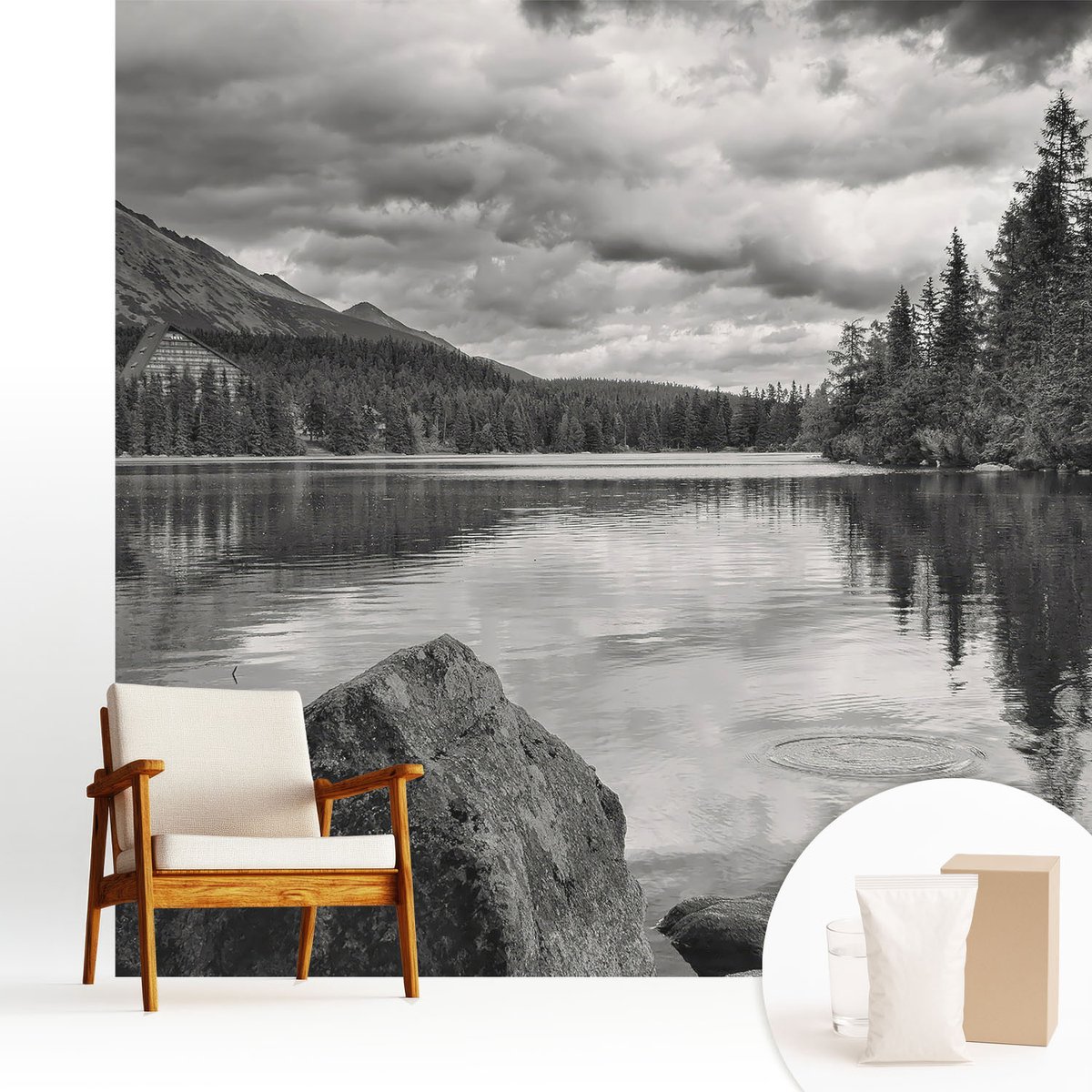 Wallfluent Fotobehang - Zwart-Wit Vliesbehang - 250x250 cm - Bergpanorama Muurschildering - Slaapkamer behang Landschappen - Fotobehang Vlies - Gang behang