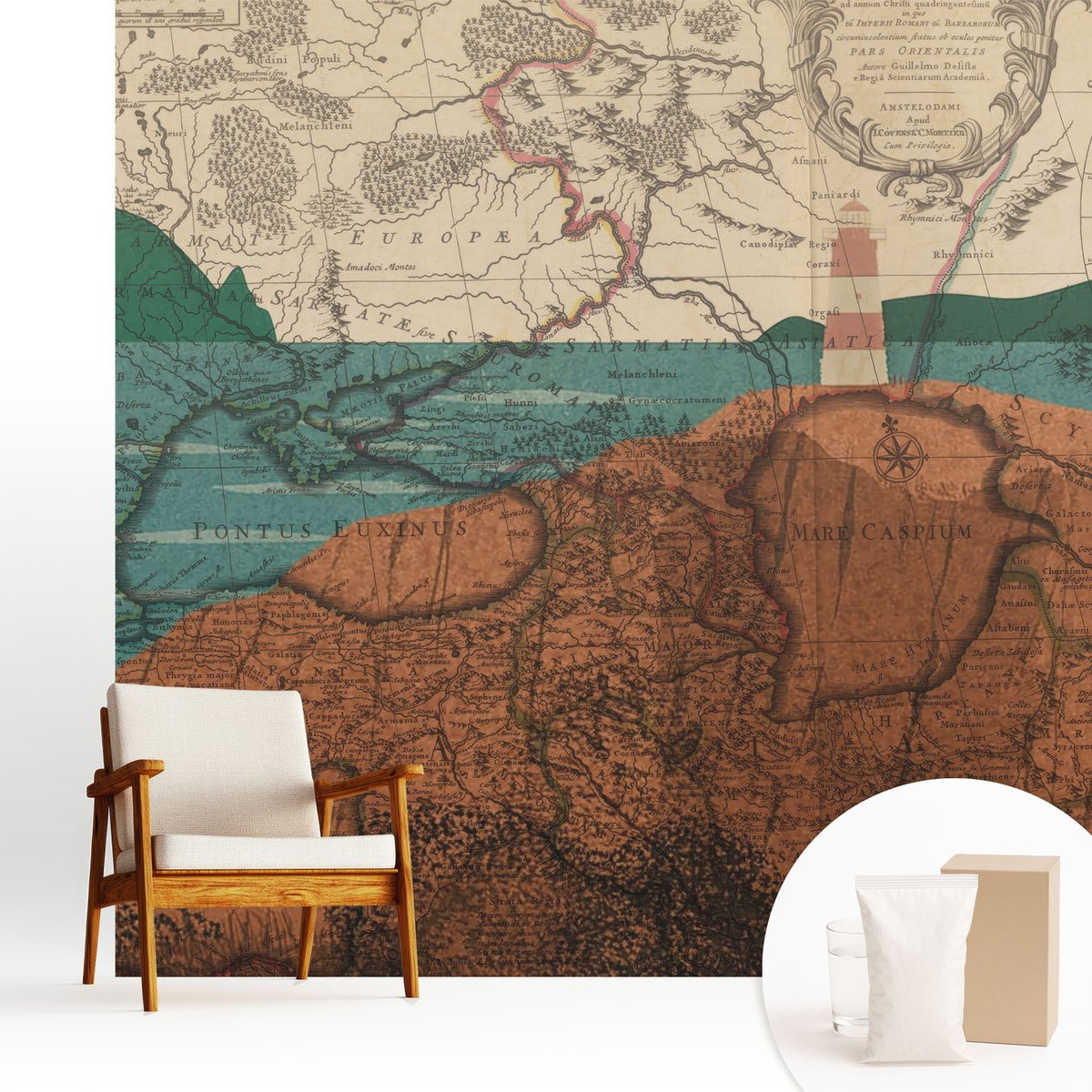 Wallfluent Fotobehang - Bruin Vliesbehang - 250x250 cm - Historische Kaart Muurschildering - Slaapkamer behang Kaarten - Fotobehang Vlies - Gang behang