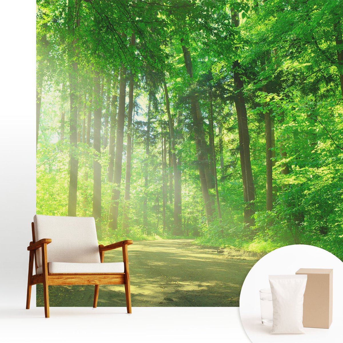 Wallfluent Fotobehang - Groente Vliesbehang - 250x250 cm - Bospad Fotobehang Vlies - Hal behang Landschappen - Muurschildering - Hal behang
