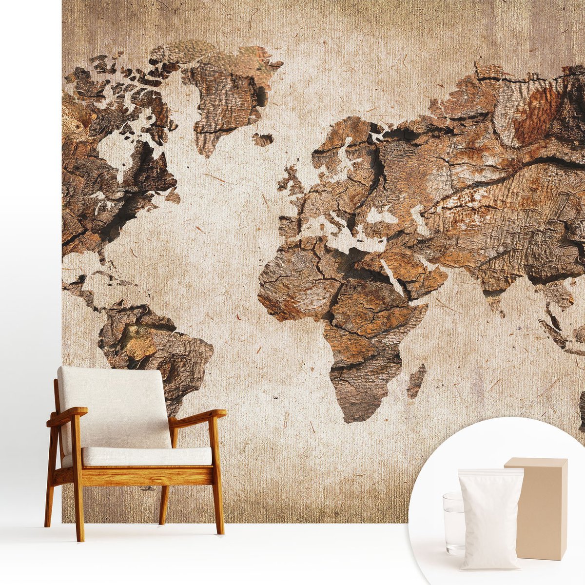 Wallfluent Fotobehang - Bruin Vliesbehang - 250x250 cm - Houten Kaart Fotobehang Vlies - Woonkamer behang Kaarten - Muurschildering - Woonkamer behang