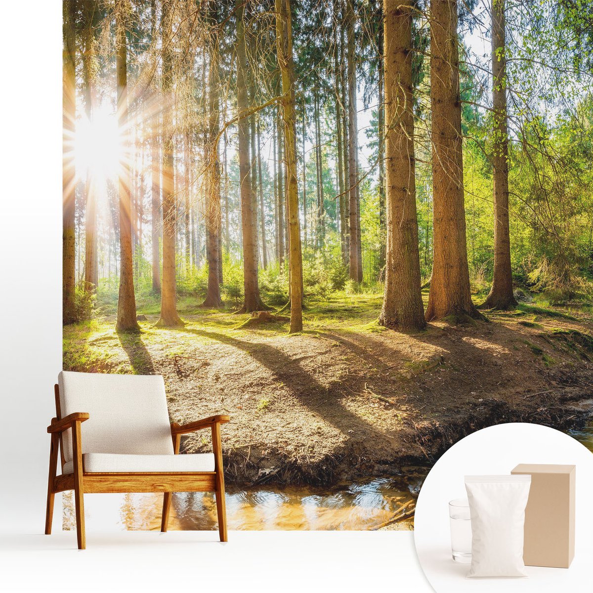 Wallfluent Fotobehang - Groente Vliesbehang - 250x250 cm - Idylle In Het Bos Muurschildering - Gang behang Landschappen - Fotobehang Vlies - Gang behang