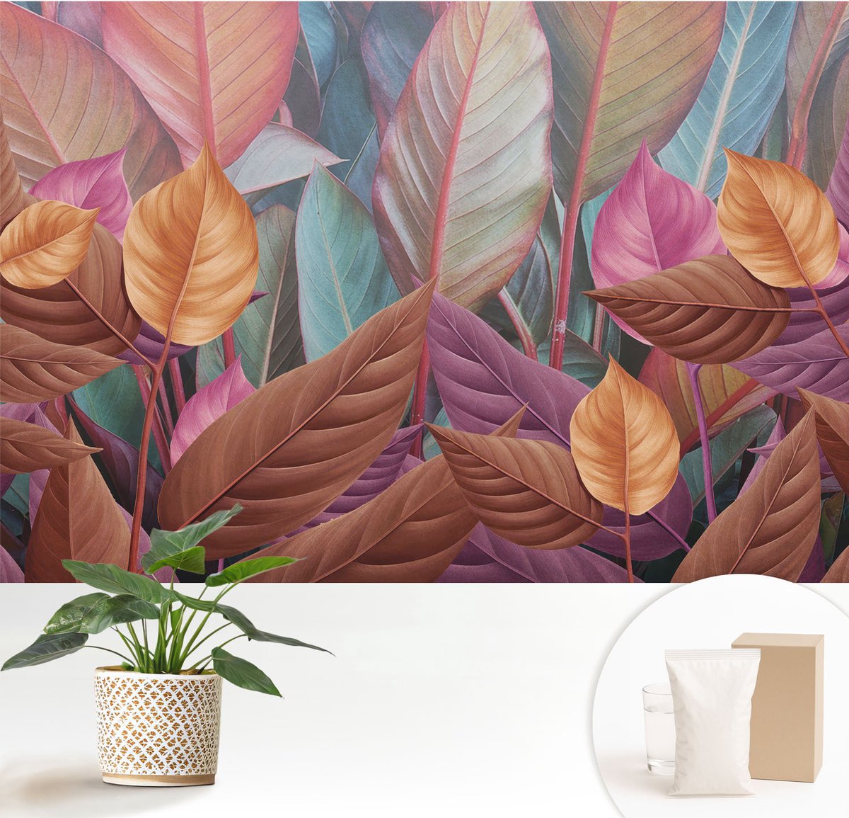 Wallfluent Fotobehang - Bruin Vliesbehang - 152x104 cm - Kleurrijke Bladeren Muurschildering - Slaapkamer behang Bloemen En Planten - Fotobehang Vlies - Slaapkamer behang