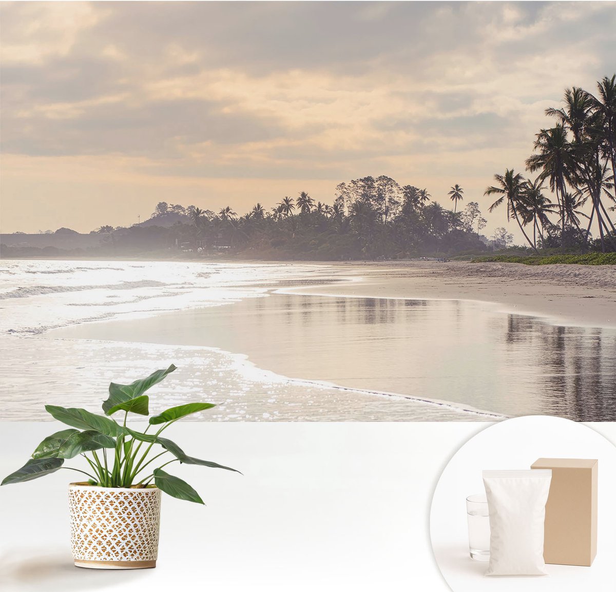 Wallfluent Fotobehang - Wit Vliesbehang - 152x104 cm - Ochtend Op Het Strand Fotobehang Vlies - Hal behang Landschappen - Muurschildering - Woonkamer behang