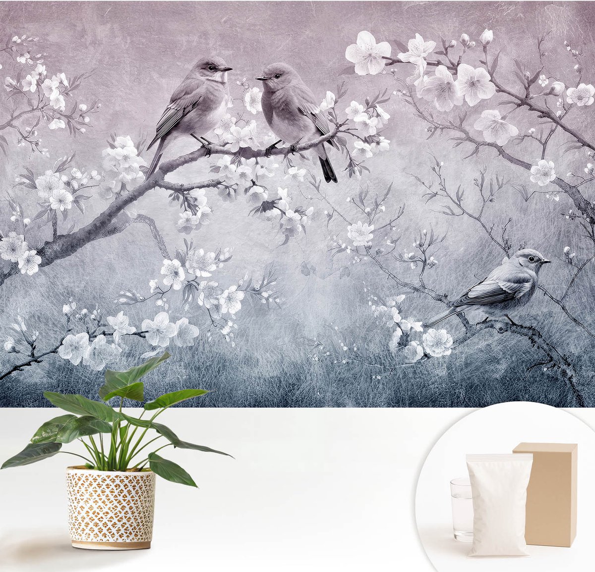 Wallfluent Fotobehang - Grijs Vliesbehang - 152x104 cm - Subtiele Natuur Fotobehang Vlies - Woonkamer behang Bloemen En Planten - Muurschildering - Woonkamer behang