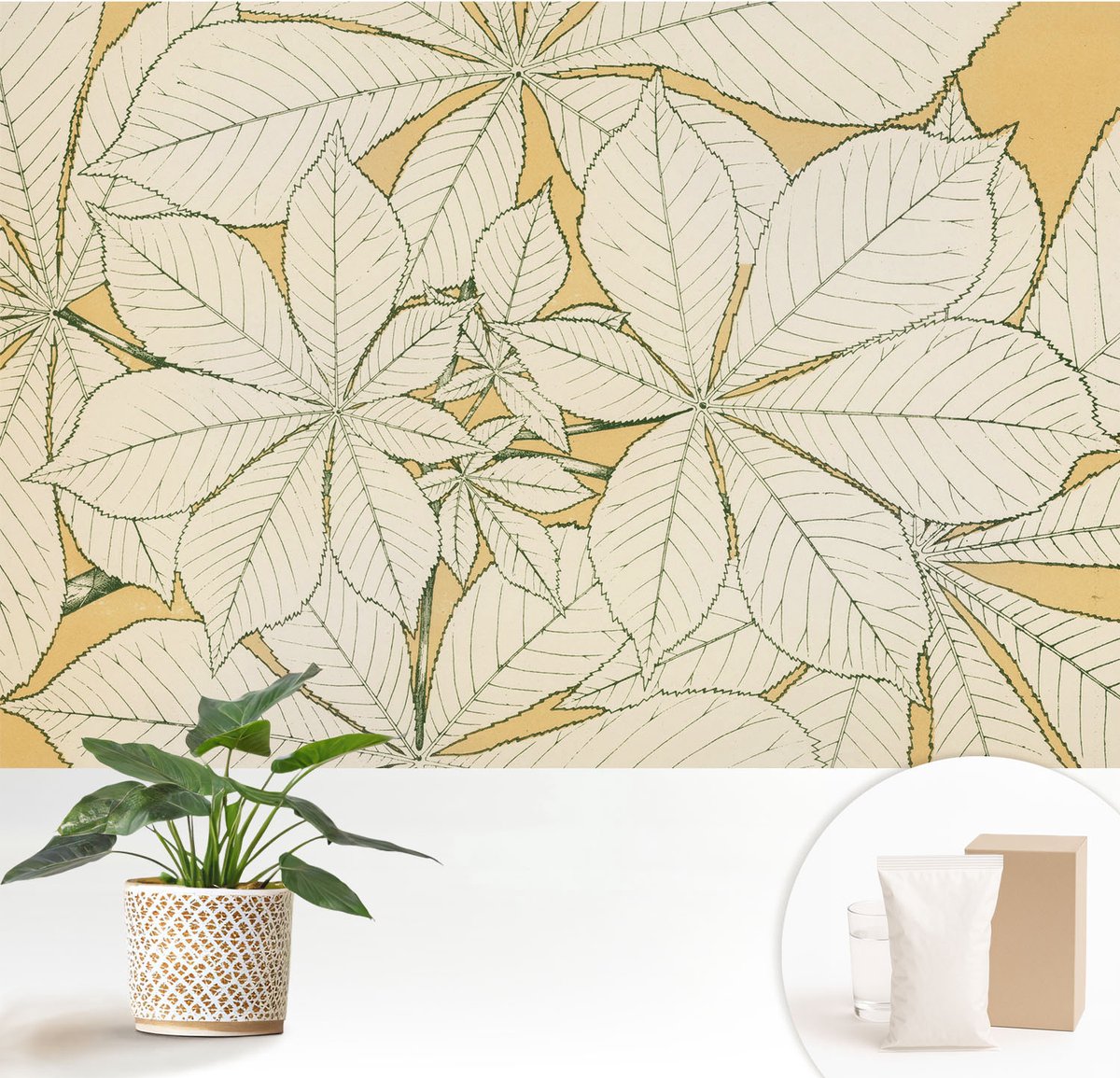 Wallfluent Fotobehang - Beige Vliesbehang - 152x104 cm - Kastanjebladeren Muurschildering - Slaapkamer behang Bloemen En Planten - Fotobehang Vlies - Slaapkamer behang