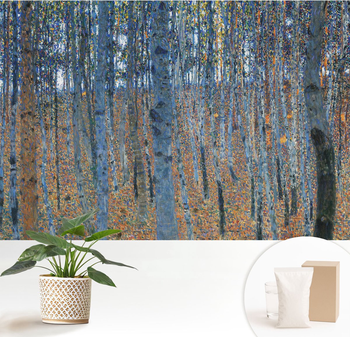 Wallfluent Fotobehang - Blauw Vliesbehang - 152x104 cm - Berkenbos Muurschildering - Gang behang Bloemen En Planten - Fotobehang Vlies - Slaapkamer behang