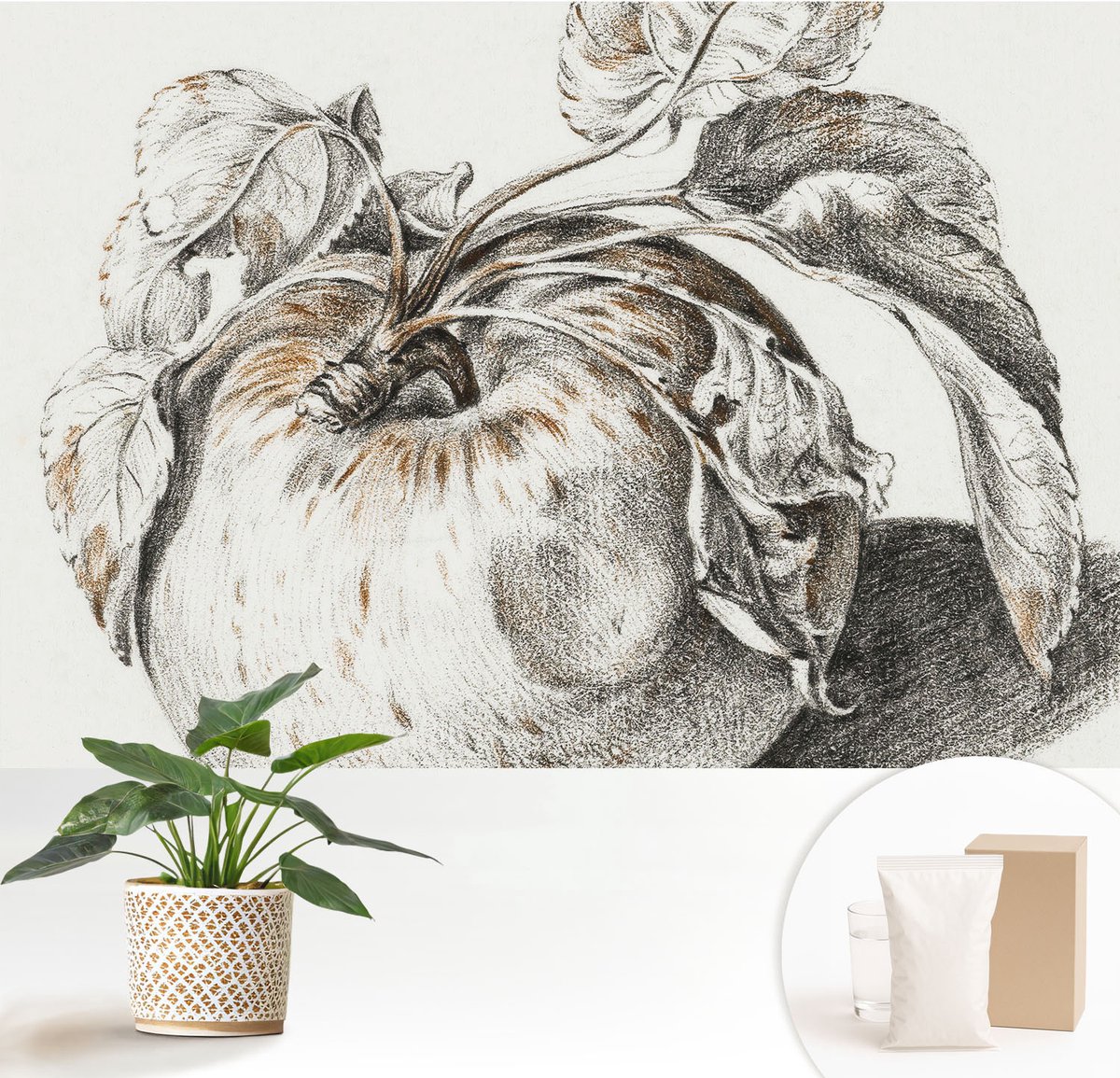 Wallfluent Fotobehang - Grijs Vliesbehang - 152x104 cm - Appelbladeren Muurschildering - Slaapkamer behang Deel - Fotobehang Vlies - Gang behang
