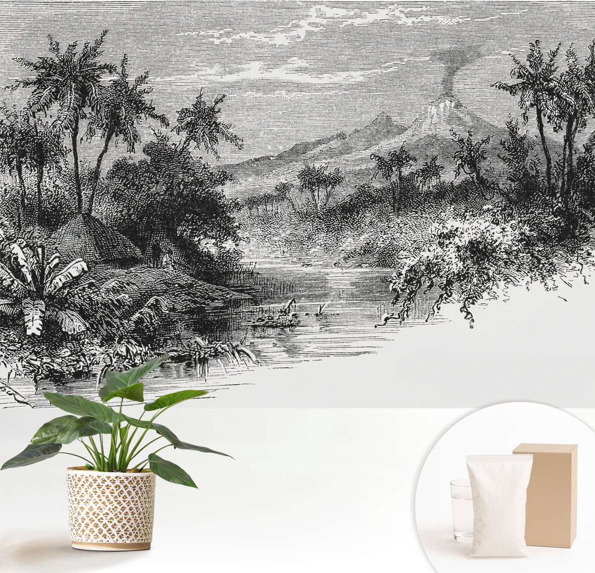 Wallfluent Fotobehang - Zwart-Wit Vliesbehang - 152x104 cm - Exotisch Panorama Fotobehang Vlies - Hal behang Landschappen - Muurschildering - Hal behang
