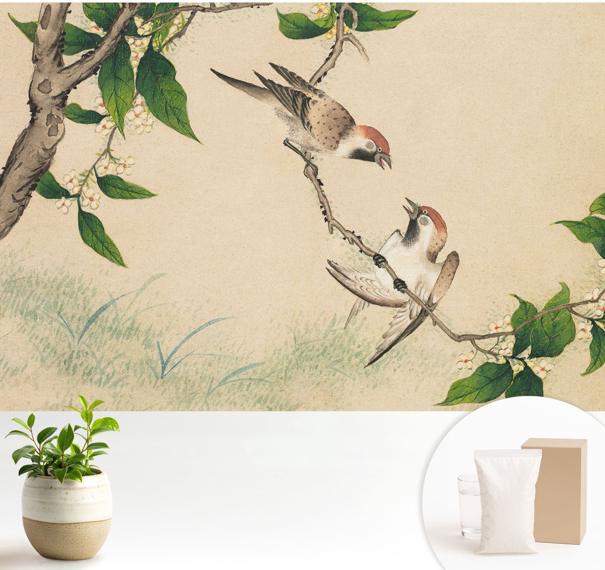 Wallfluent Fotobehang - Beige Vliesbehang - 104x70 cm - Klassiek Duo Fotobehang Vlies - Hal behang Dieren - Muurschildering - Woonkamer behang