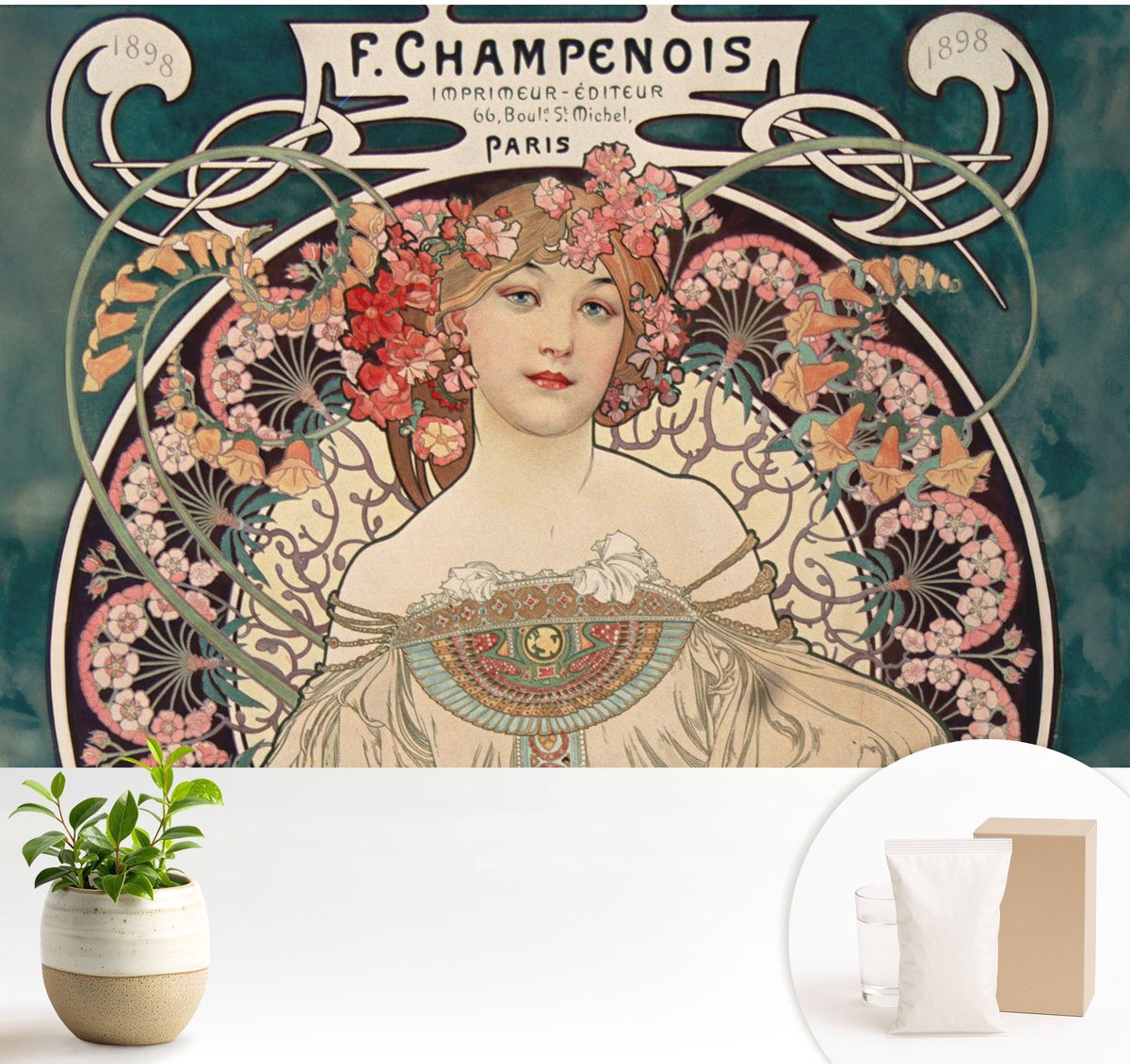 Wallfluent Fotobehang - Grijs Vliesbehang - 104x70 cm - Bloemsymmetrie Muurschildering - Slaapkamer behang Deel - Fotobehang Vlies - Slaapkamer behang