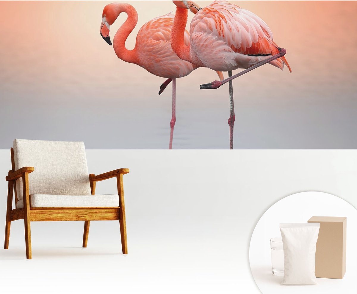 Wallfluent Fotobehang - Oranje Vliesbehang - 250x104 cm - Delicate Flamingo'S Fotobehang Vlies - Woonkamer behang Dieren - Muurschildering - Hal behang