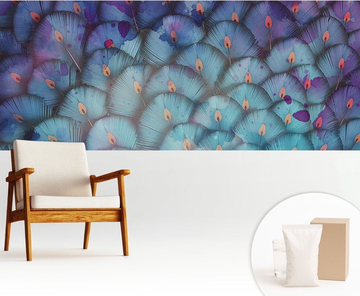 Wallfluent Fotobehang - Blauw Vliesbehang - 250x104 cm - Kleurrijke Veren Muurschildering - Gang behang Dieren - Fotobehang Vlies - Gang behang