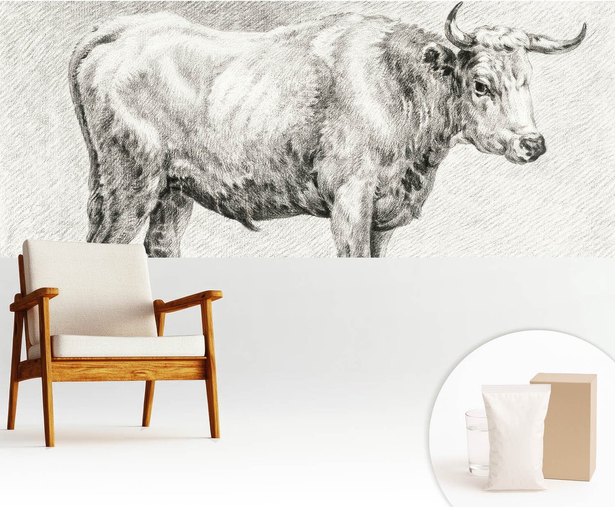 Wallfluent Fotobehang - Grijs Vliesbehang - 250x104 cm - Stierpotlood Fotobehang Vlies - Hal behang Dieren - Muurschildering - Hal behang