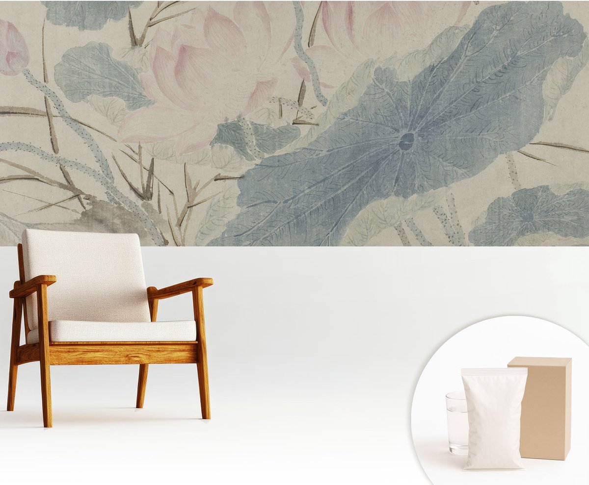 Wallfluent Fotobehang - Grijs Vliesbehang - 250x104 cm - Lotusbladeren Muurschildering - Slaapkamer behang Bloemen En Planten - Fotobehang Vlies - Slaapkamer behang