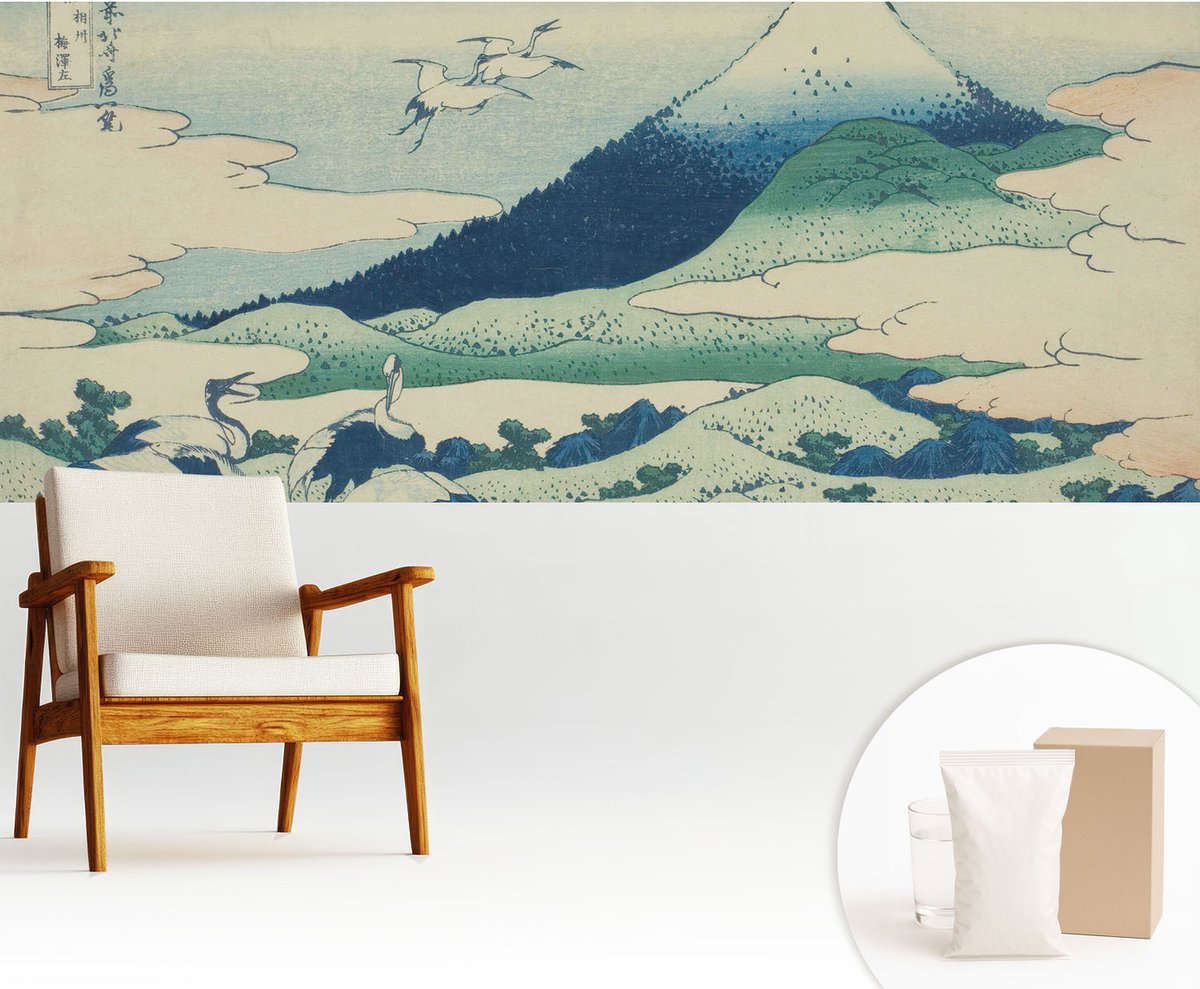 Wallfluent Fotobehang - Blauw Vliesbehang - 250x104 cm - Kraanvogels En Bergen Muurschildering - Slaapkamer behang Landschappen - Fotobehang Vlies - Slaapkamer behang