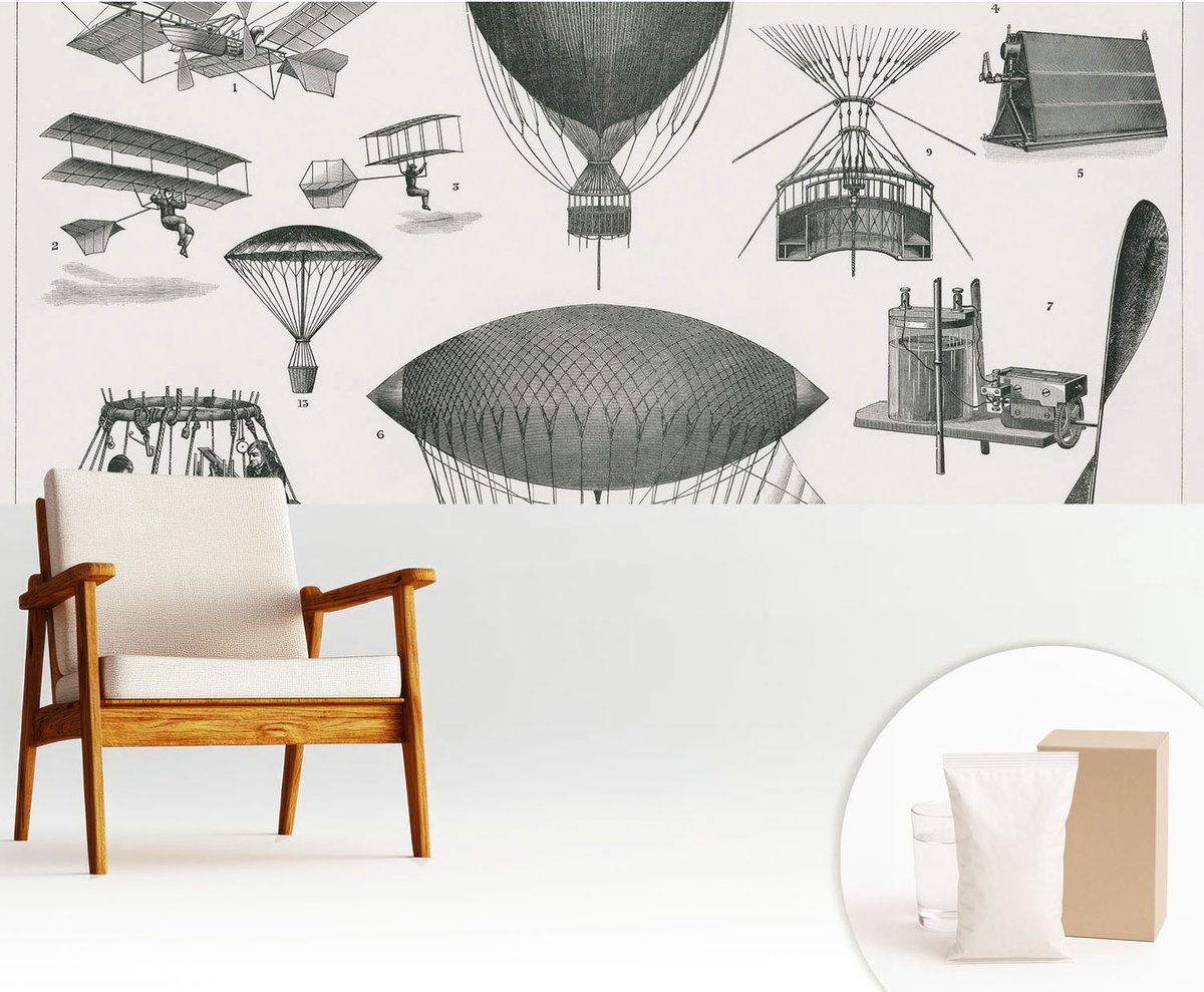 Wallfluent Fotobehang - Zwart Vliesbehang - 250x104 cm - Geschiedenis Van De Luchtvaart Muurschildering - Gang behang Deel - Fotobehang Vlies - Slaapkamer behang