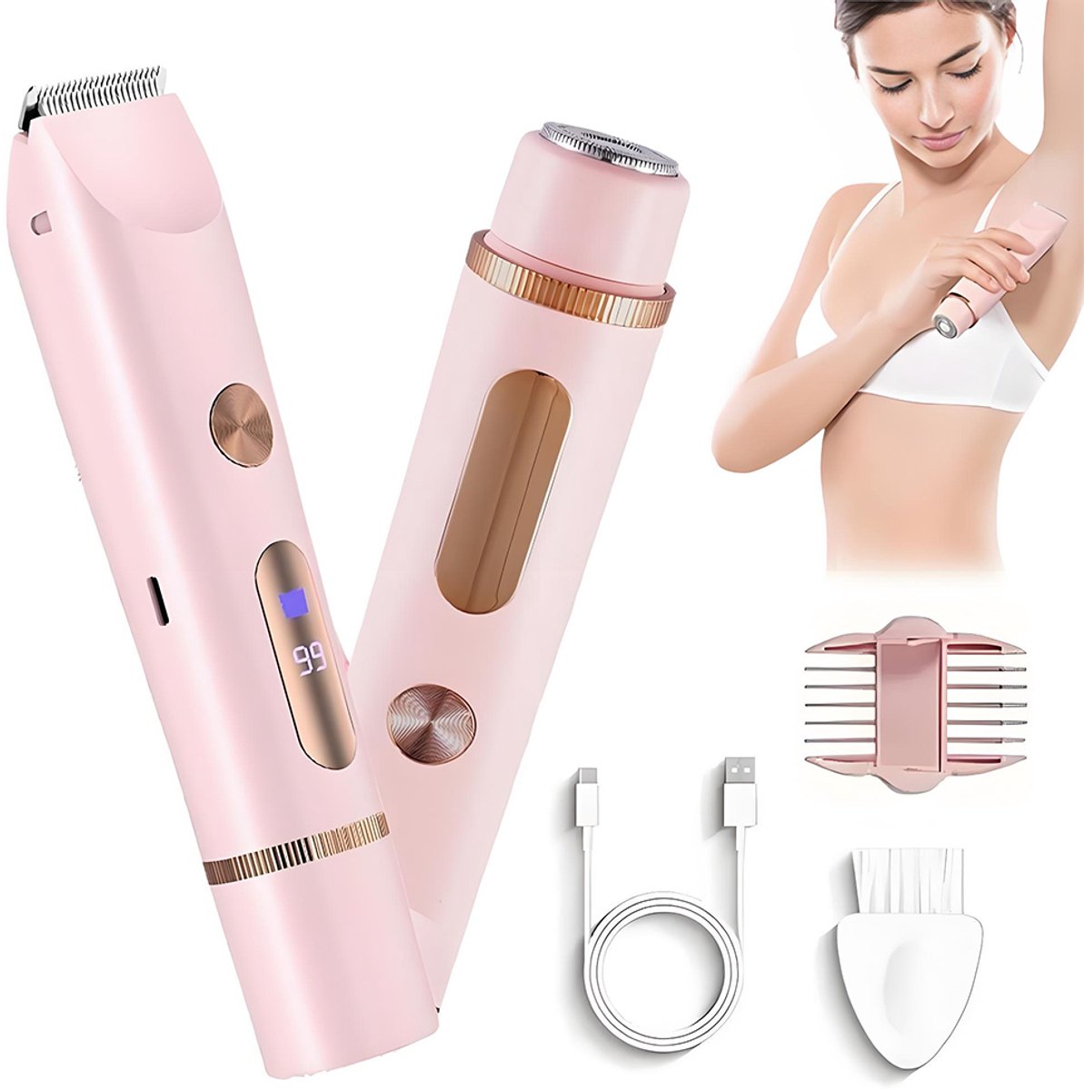 Elektrisch ontharingsapparaat - Damesscheerapparaat - Scheerapparaat met dubbele kop - Intiem scheerapparaat - Geschikt voor nat en droog gebruik - Bodytrimmer - IPX7 waterdicht - USB-kabel - Roze