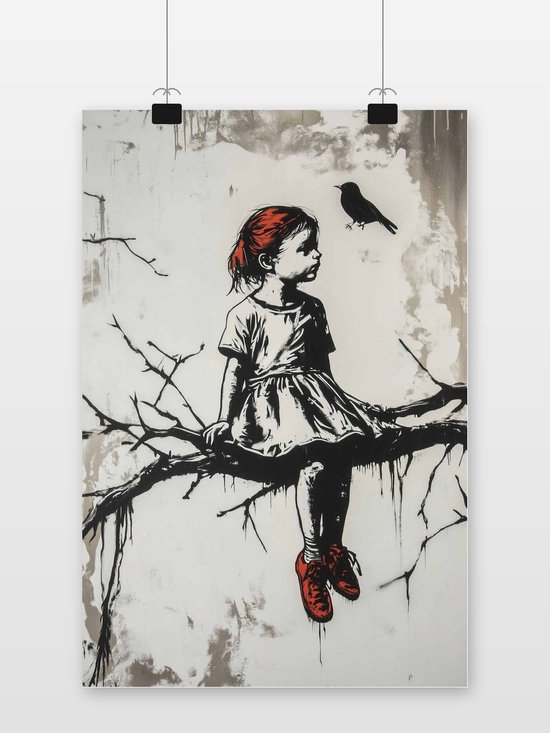 Een meisje met rood haar en rode schoenen zit op een boomtak en kijkt naar een vogel.