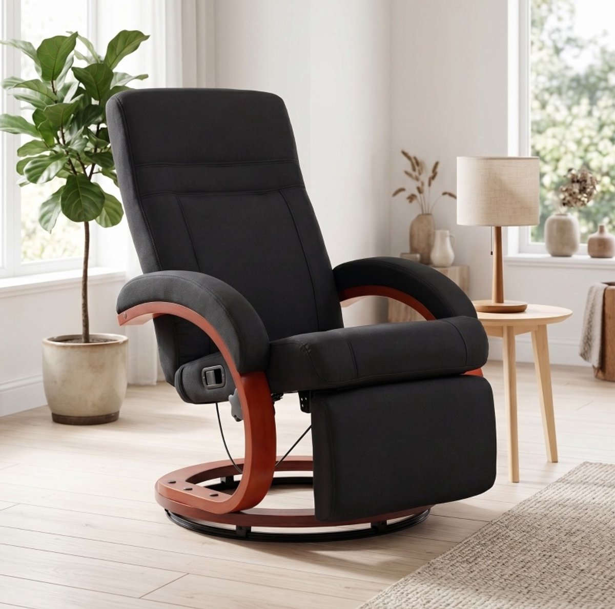 REDOM Relaxfauteuil - Handmatig verstelbare rugleuning tot 135° - 360° draaibaar - Inklapbare voetensteun - Stof in linnenlook - Houten onderstel - Zwart - 86 x 68 x 100 cm