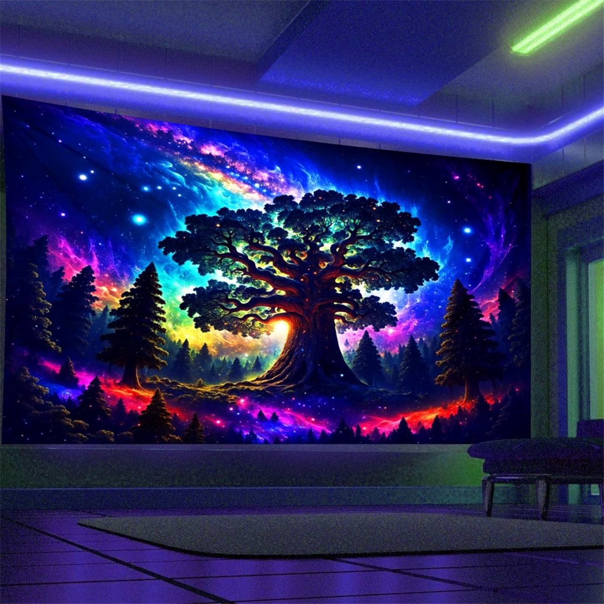 SnelShoppen - Grote Tapestry Bos Trippy UV Reactive Blacklight Tapestries Bomen Sterren Galaxy Wanddecoratie Woonkamer Slaapkamer Feest Achtergrond Bl