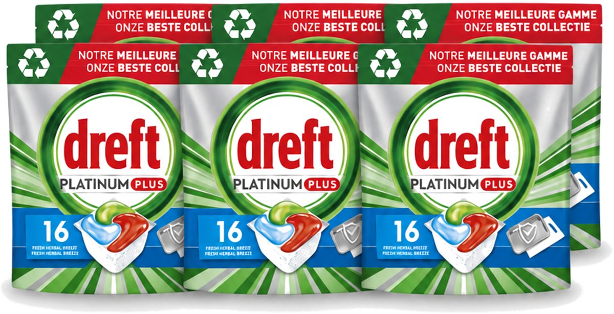 6 x Dreft Platinum Plus - All In One - Vaatwascapsules - Fresh Herbal Breeze - 16 Afwasbeurten - Voordeelverpakking - 6 stuks