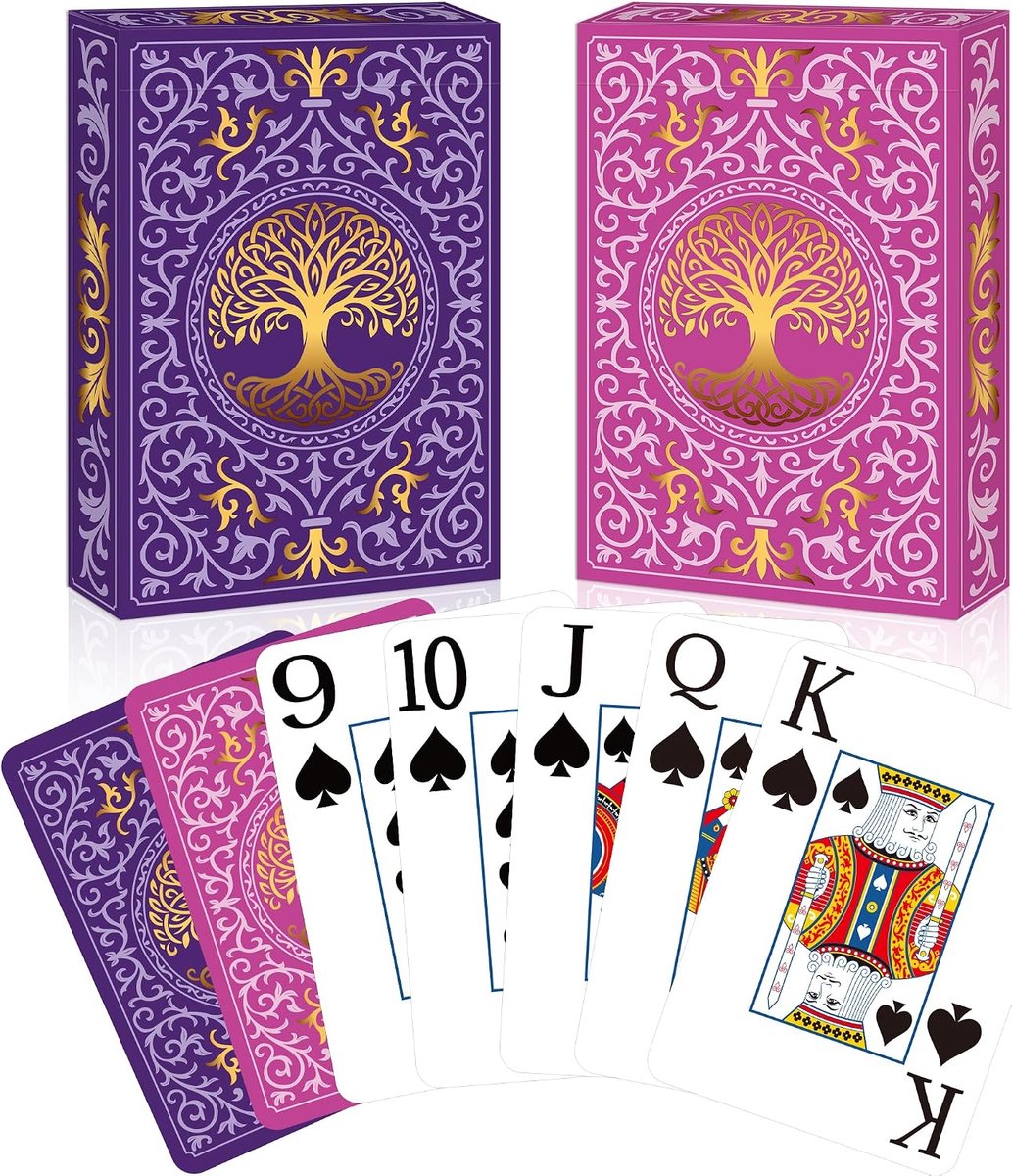 Verpakking van 2 stuks, grote druk, gemakkelijk te mengen, premium pokerkaarten voor kaartspellen, familiespelavonden, tafeldecoratie (paars + roze)
