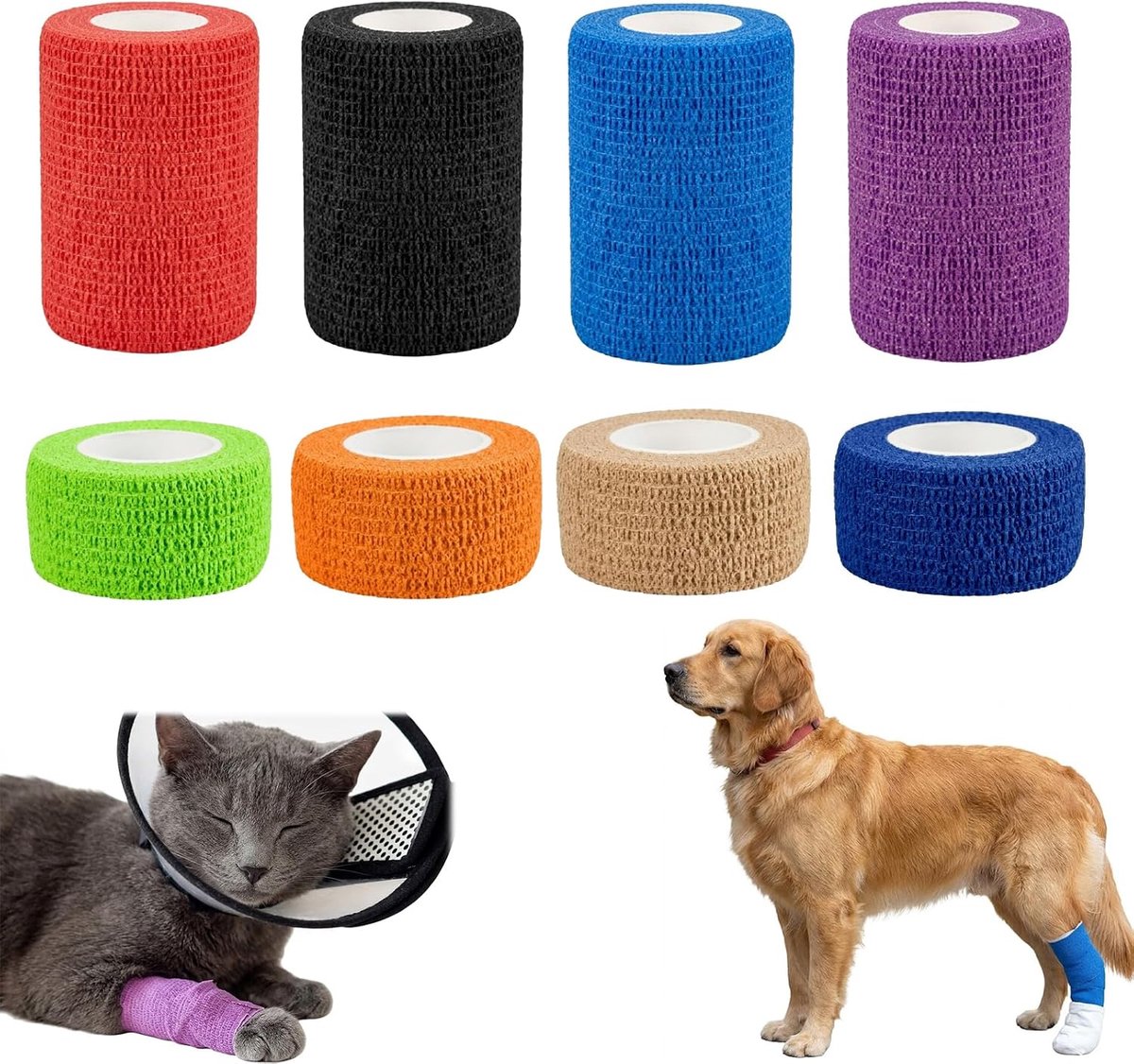 Bandages, elastische bandage in 2 maten (2,5 cm en 7,5 cm x 4,5 m), sportbandage voor enkels, pols, knieën en huisdieren, ademend en meerkleurig