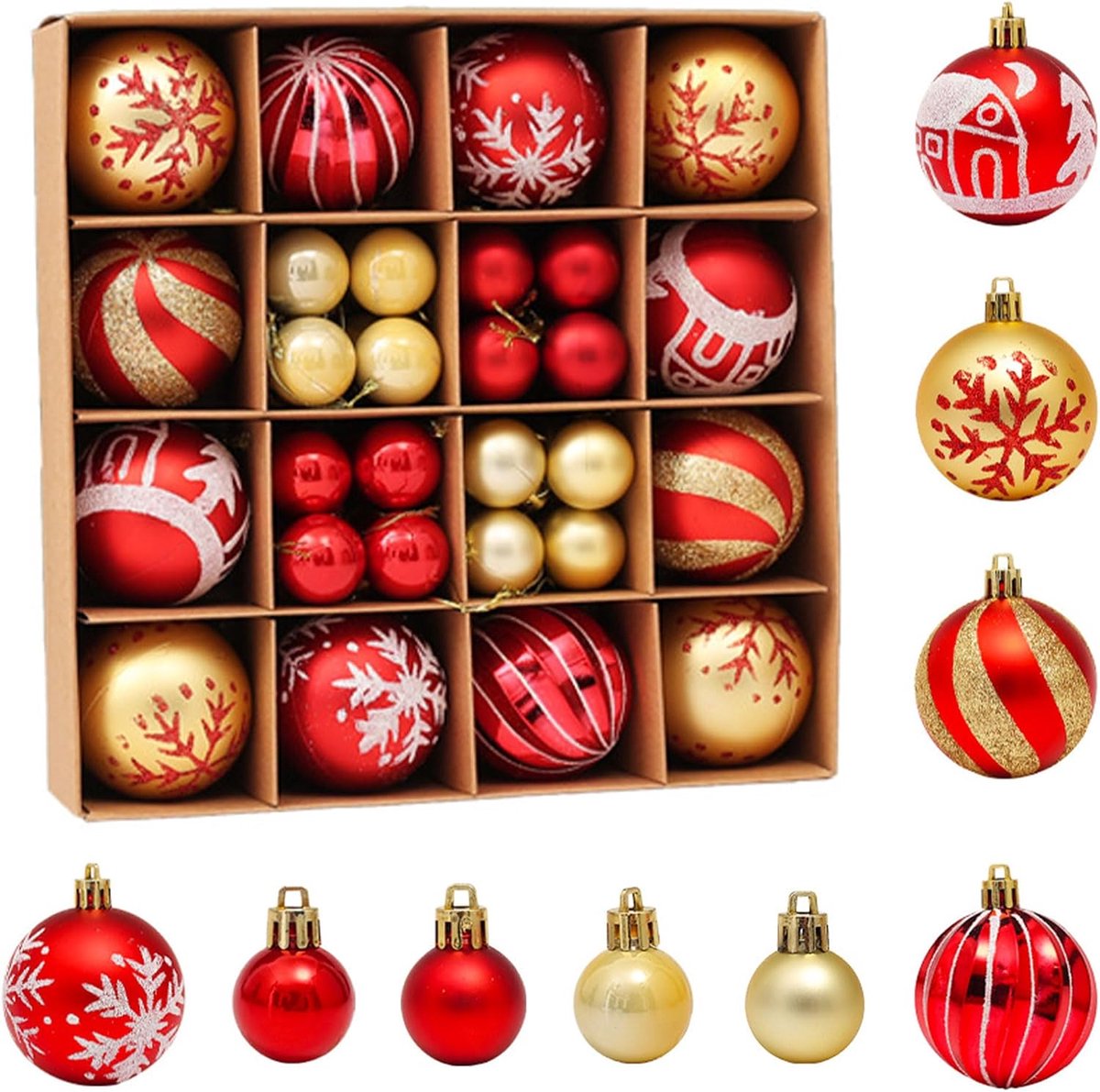 Kerstballen rood goud, kunststof kerstballen, 6 cm + 3 cm kerstballen, ornamenten, kerstboomversiering, voor kerstboomversiering, bruiloft, verjaardagsfeest