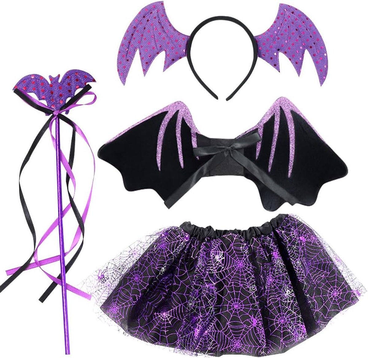 Halloweenkostuum voor kinderen, vleermuiskostuum met tutu-rok, toverstaf, vleugels en hoofddeksel, bezem, heksenjurk, kinderen, carnaval, cosplay-set voor Halloween, carnaval, cosplay