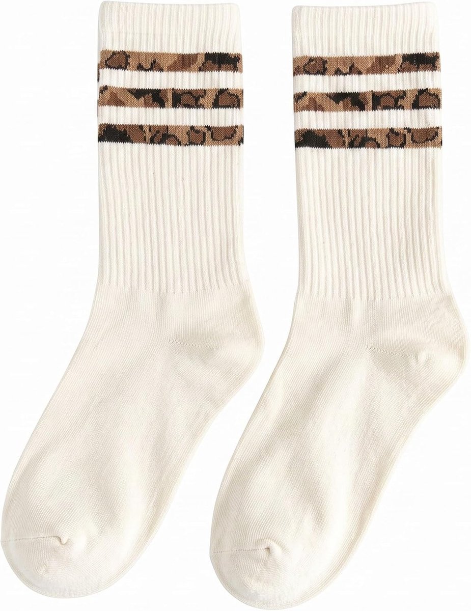 Tennissokken voor dames, 1 paar, luipaardpatroon, middelhoog, beige, maat 36-42, afzonderlijk verpakt, zachte elastische katoenmix, voor sneakers, dagelijks gebruik, sport, vrije tijd en cadeau